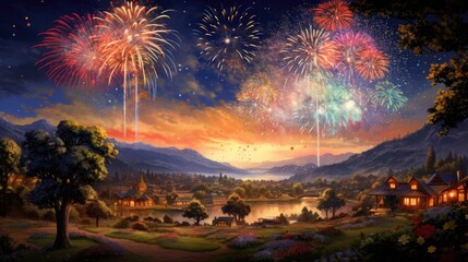  a painting of fireworks in the sky over a lake with houses and trees in the foreground and mountains in the background.  generative ai