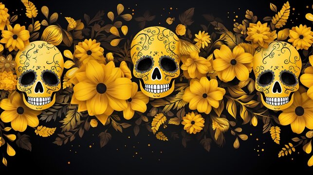 Dia De Los Muertos or Day of the Dead Celebration Banner background wtih sculls and yellow flowers. 