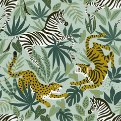 Vector seamless pattern with wild tigers, leopards and zebra on tropical background. Safari animal print. Fashionable fabric design.