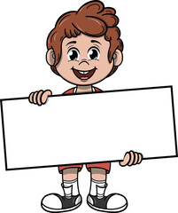 Niño sosteniendo cartel en blanco en el que se puede escribir un mensaje, ilustración vectorial sin fondo. - obrazy, fototapety, plakaty