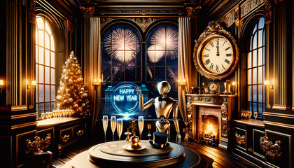 Celebrating the New Year with Technological Elegance: Robot as Waiter, A Room Filled with Windows and a Clock, Fireworks outside