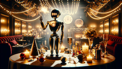 New Year's Celebration: A Robot with Sparkler on the Table, Happy New Year party