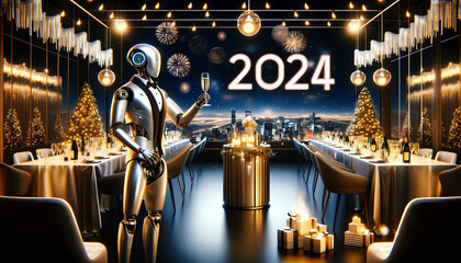 New Year's Robot Celebration: Festive Table with Christmas Decorations and AI Integration