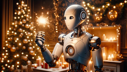 New Year's Sparkling Robot Celebrates With Christmas Tree