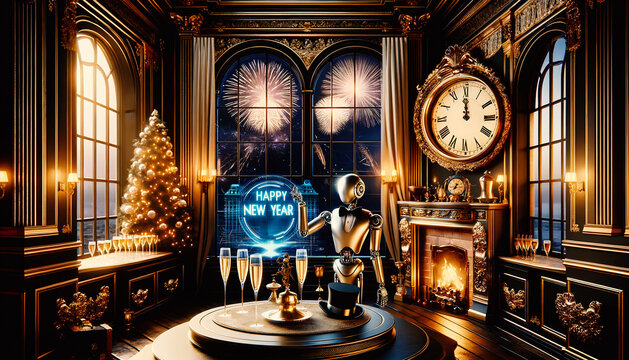 Celebrating the New Year with Technological Elegance: Robot as Waiter, A Room Filled with Windows and a Clock, Fireworks outside