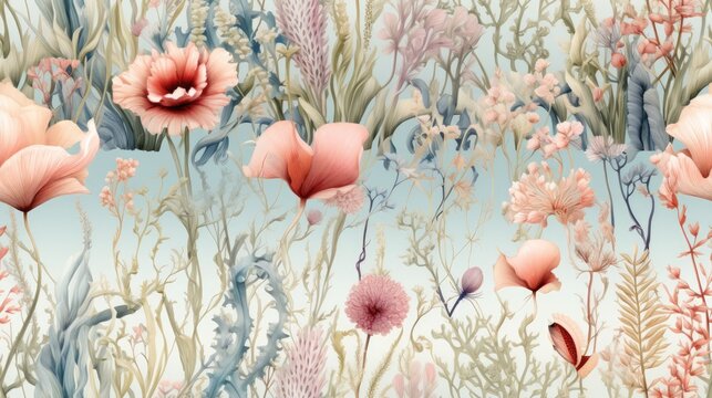  a painting of pink flowers and grass on a blue background with pink and white flowers and grass on a blue background.  generative ai