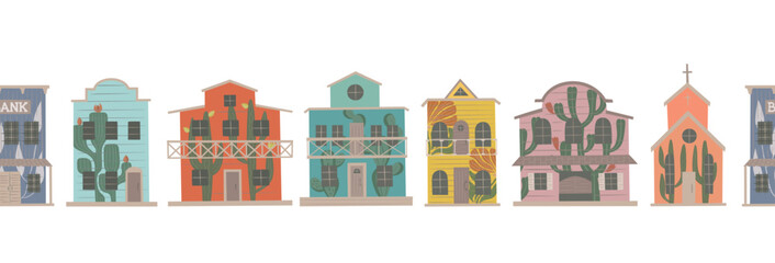 Wild west town houses. Western bright street with floral graffities wood buildings vector seamless border