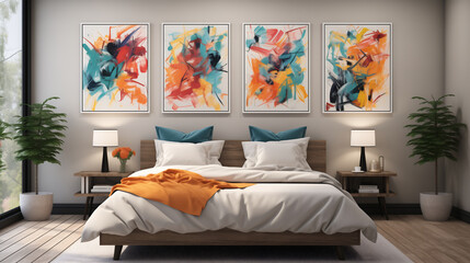 Bellissima camera da letto con arredamento minimalistico, con colori forti ed eleganti e quadri sul muro