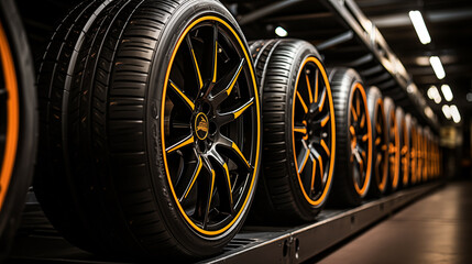 Car wheels in a row in a tire store. 3d rendering. 
Car tires in a warehouse. 3D rendering. Shallow depth of field.