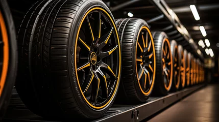 Fotobehang Car wheels in a row in a tire store. 3d rendering.  Car tires in a warehouse. 3D rendering. Shallow depth of field. © korkut82