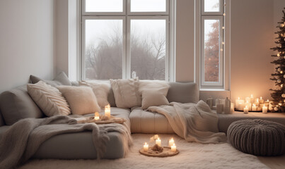 Fototapeta premium Cozy atmosphere of a home holiday. Home interior in light colors. Stylish contemporary minimalistic design. Cozy and minimalist apartment interior inspired by Scandinavian design at Christmas eve.