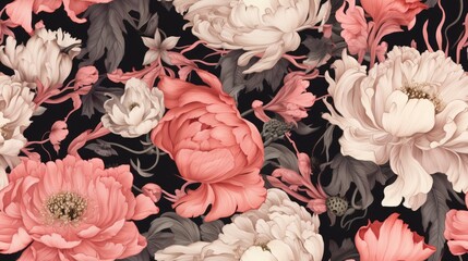  a close up of a bunch of flowers on a black background with pink, white and grey flowers on it.  generative ai