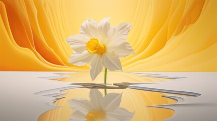  a white flower sitting on top of a puddle of water next to a yellow and orange background with wavy lines.  generative ai