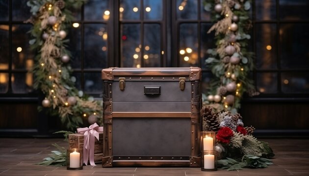 Escena de cofre con adornos navide&ntilde;os para exhibici&oacute;n de productos.