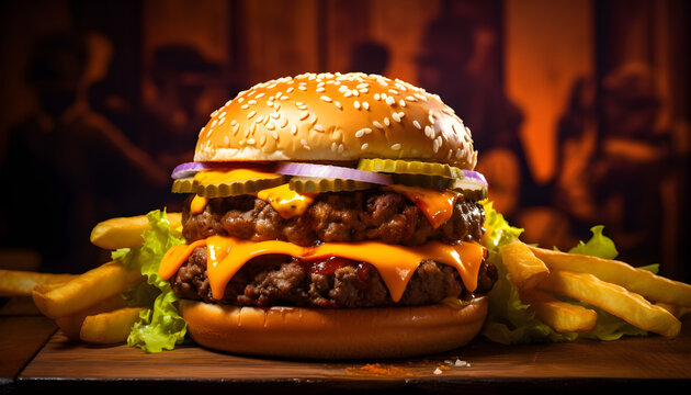 cheese beef burger and french fries on a table generative ai