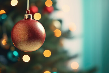 Fototapeta premium Close-up of decorated Christmas tree. Fir tree with colorful baubles and shiny holiday bokeh