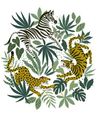Tiger, leopard and zebra on tropical background. Safari animal print. Fashionable fabric design. © Angelina Bambina