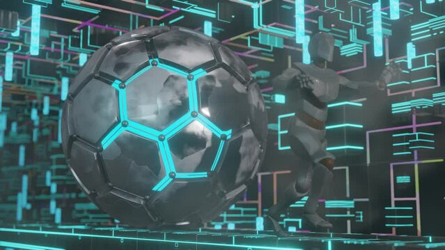 Loop 3d techno animation. A humanoid robot runs away from a rotating metal ball. A sphere of hexagons. Technosphere and robot. The idea of a technological trap.