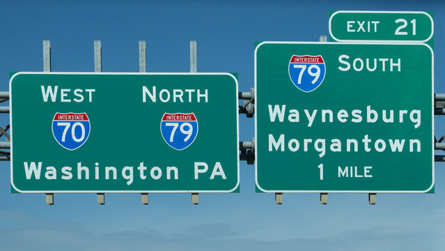 signs for Exit 21 on Interstate70 for Interstate 79 South toward Waynesburg and Morgantown, and continuing on I70 West and I79 North