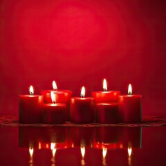 A Heap of Red Cylindrical Christmast Wax Candles Stacked one on top of another in a Simple Red Room Illuminating it.
