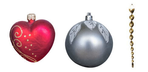 Vintage multi-colored glass and plastic Christmas tree toys gray ball, red heart, blue, green, gold spiral close-up isolated on transparent background, set of 3