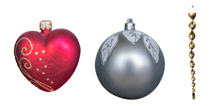 Vintage multi-colored glass and plastic Christmas tree toys gray ball, red heart, blue, green, gold spiral close-up isolated on transparent background, set of 3