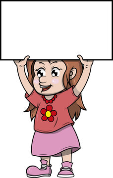 recommend clip art: Ilustración vectorial de una niña sosteniendo un letrero en blanco sobre su cabeza, el letrero tiene espacio para escribir un mensaje.