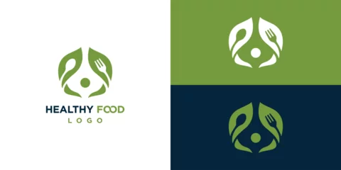 Fotobehang Healthy Food Logo Designs. People Spoon Fork Leaf Designs Icon Symbol Vector Illustration For Restaurant. © oinbrand