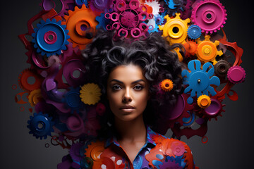 Abstract portrait of a woman with colorful gears emerging from her head depicting neurodiversity - obrazy, fototapety, plakaty