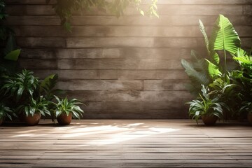 Photo of an Empty Room with a Few Plants on the Side Leaving space to the Wooden Wall and Concrete Floor.