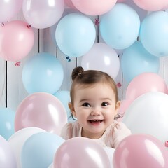 Fototapeta na wymiar Ein kleines Mädchen sitzt fröhlich zwischen Luftballons