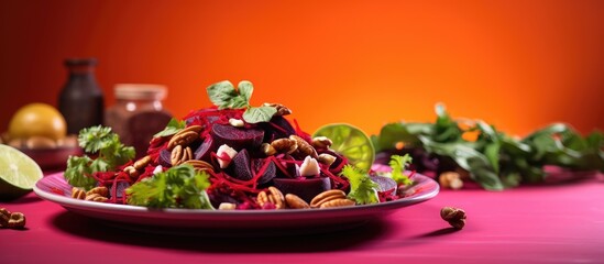 A vibrant beetroot salad adorned with prunes nuts carrots and green leaves serves as a testament to the harmonious blend of agriculture health and colorful food on a pink plate against a ba