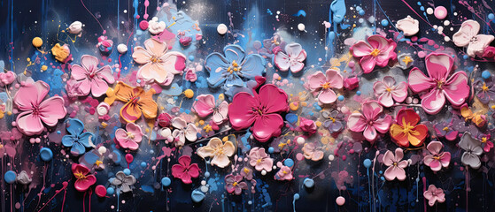 fondo de pintura floral en tonos rosas y azules de trazos gruesos de tonos pastel - obrazy, fototapety, plakaty