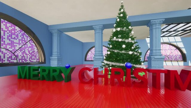 Modellazione 3D  di un ambiente colorato con finestre ad arco e testo MERRY CHRISTMAS con albero di Natale
