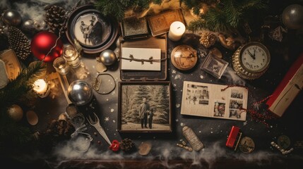  a table topped with pictures and candles next to a christmas ornament and a christmas tree filled with ornaments.  generative ai