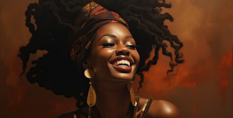 primer plano de mujer de color sonriente con rastas en el pelo sobre fondo marrón - obrazy, fototapety, plakaty