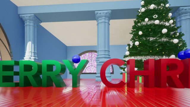 Modellazione 3D  di un ambiente colorato con finestre ad arco e testo MERRY CHRISTMAS con albero di Natale