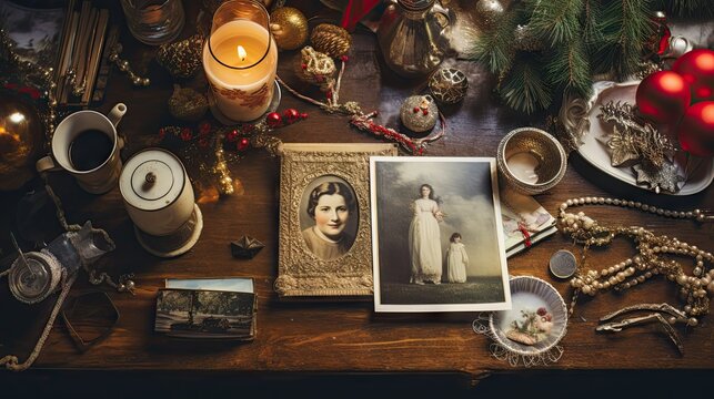  a picture of a woman in a white dress on a table surrounded by christmas decorations, candles, and other items.  generative ai