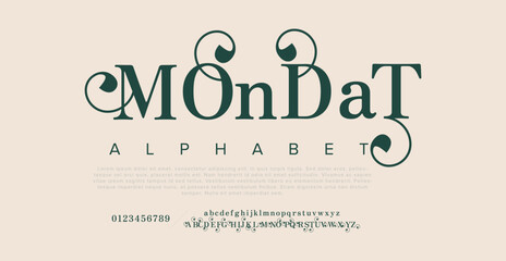 MONDAT premium luxury elegant alphabet letters and numbers. Elegant wedding typography classic serif font decorative vintage retro. Creative vector illustration - obrazy, fototapety, plakaty