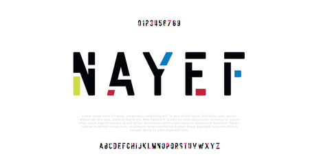 NAYEF Modern minimal abstract alphabet fonts. Typography technology, electronic, movie, digital, music, future, logo creative font. vector illustration