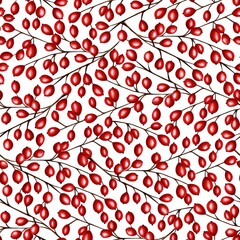 Seamless pattern from branches with red berries on white background, hand drawn marker illustration in watercolor technique. For wallpapers, wrapping paper, fabric, textile, polygraphy covers
