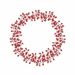 Round wreath from cranberries isolated on white, hand drawn marker illustration in watercolor technique. For postcards, greeting cards, stickers, magnets, invitations, any Christmas or winter decor
