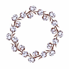 Round wreath from cotton flowers isolated on white, hand drawn marker illustration in watercolor technique. For postcards, greeting cards, stickers, magnets, invitations, any Christmas or winter decor
