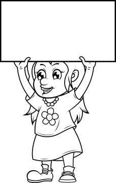 recommend clip art: Ilustración vectorial para pintar de una niña sujetando un letrero sobre su cabeza, el letrero tiene espacio para escribir un mensaje.