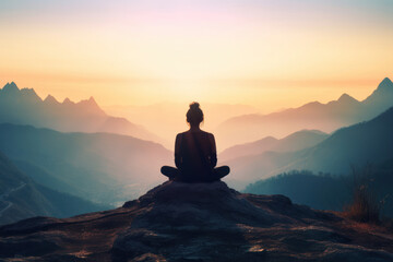 A silhouette of a woman meditating on a mountaintop during sunset. The serene landscape reveals a gradient sky and layers of distant mountains.