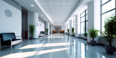 An empty, brightly lit hospital corridor without people. The entrance area of a sunlit building.