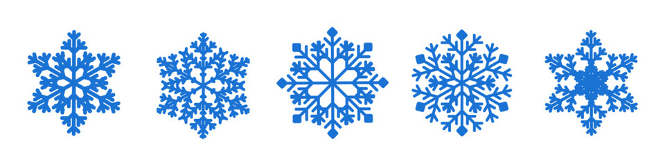 Blue Snowflake collection on white background. Snow flakes silhouette. New year set snowflakes for christmas banner, cards, decor - obrazy, fototapety, plakaty