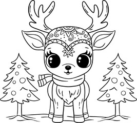 Outline illustration of  cute Christmas deer with scarf. Cartoon vector illustration graphic design