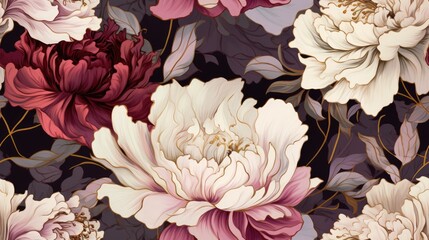  a close up of a bunch of flowers on a black background with pink, red, and white flowers on it.  generative ai