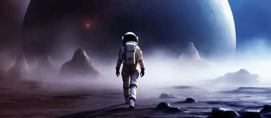 astronauta che cammina sulla superficie di un pianeta alieno avvolto da nebbie e vapori, grande pianeta sullo sfondo dello spazio - obrazy, fototapety, plakaty